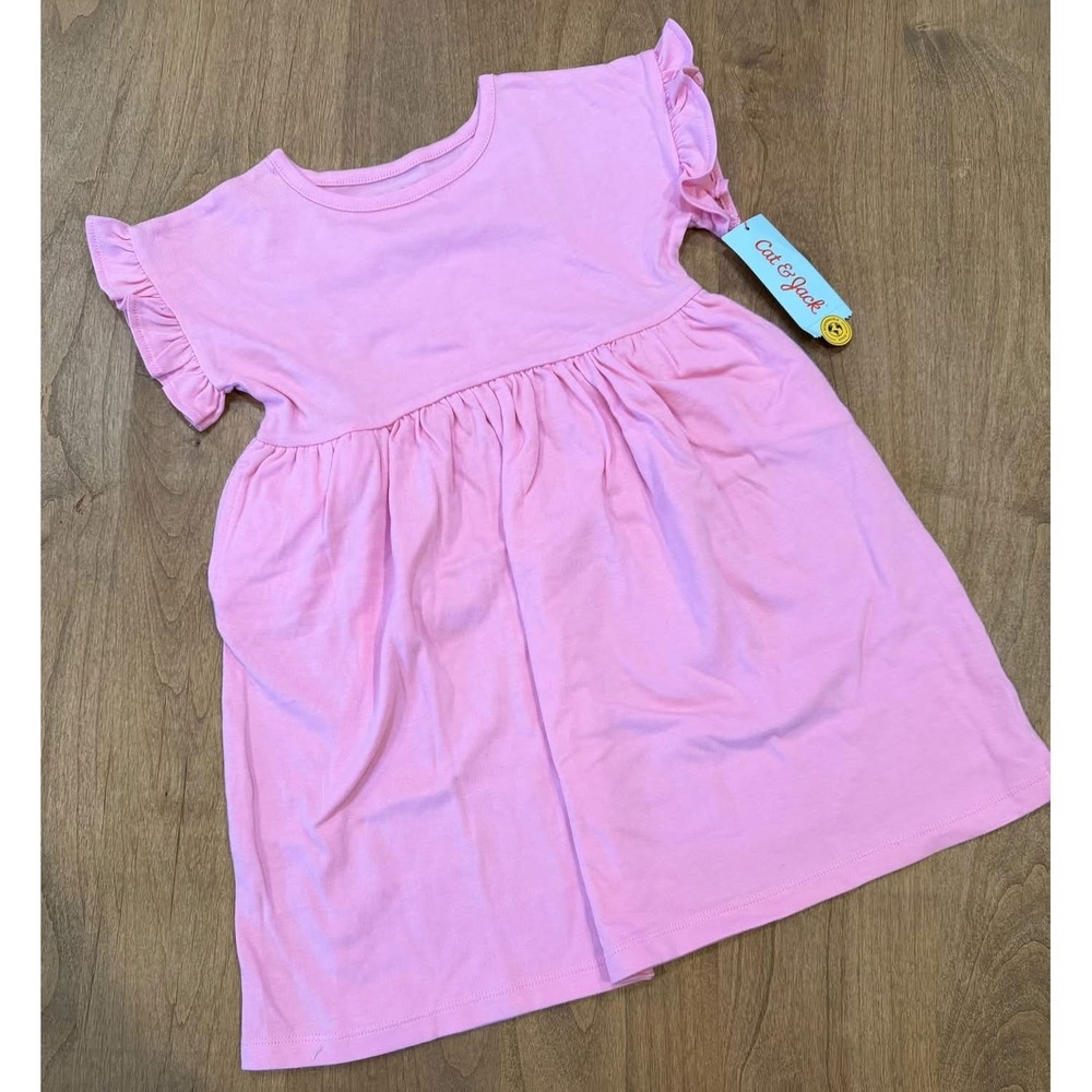 Cat & Jack Girls Pink Ruffle Short Sleeve Empire Waist Knit Dress NWT 5T